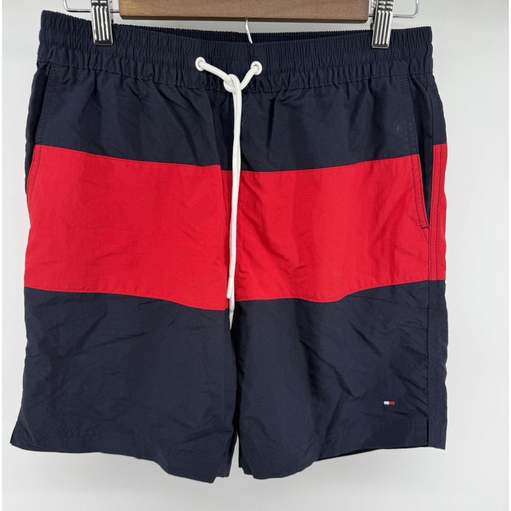 Tommy Hilfiger Mens Navy Blue Red Colorblock Swim Trunks Mesh Lined TW78312839